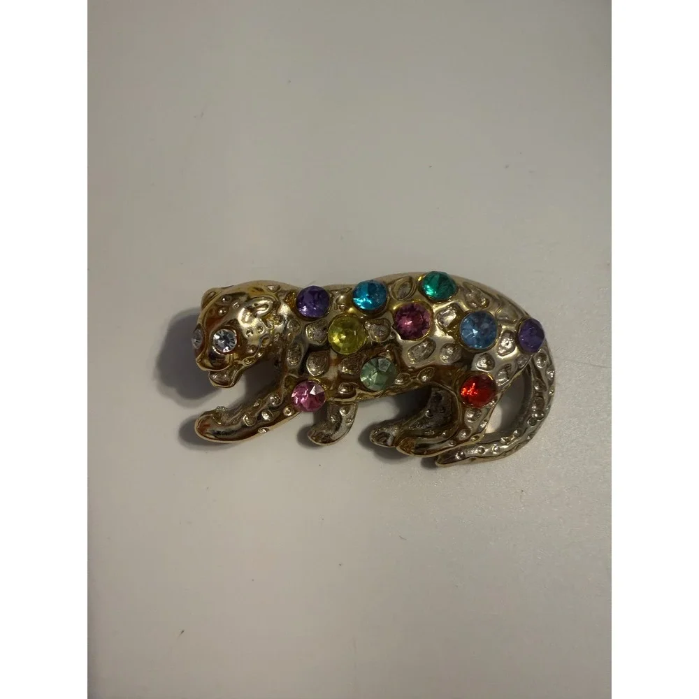 Gold Tone Multi Color Rhinestone Leopard Brooch Pin Jungle Cat Jewelry